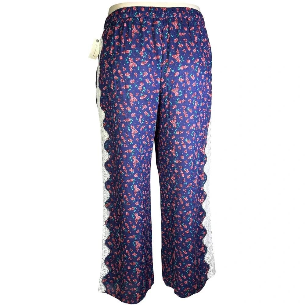 by Anthropologie Floral Lace Trim Pajama Pants Wide Leg Blue Pink Green XL NWT